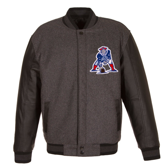 New England Patriots Wool & Leather Throwback Reversible Jacket - Charcoal - J.H. Sports Jackets
