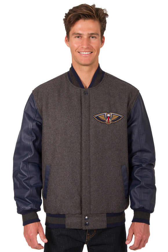 New Orleans Pelicans Wool & Leather Reversible Jacket w/ Embroidered Logos - Charcoal/Navy - J.H. Sports Jackets