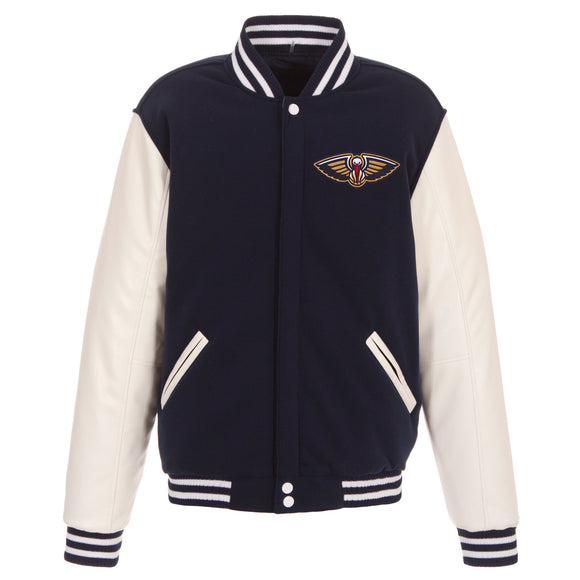 New Orleans Pelicans - JH Design Reversible Fleece Jacket with Faux Leather Sleeves - Navy/White - JH Design