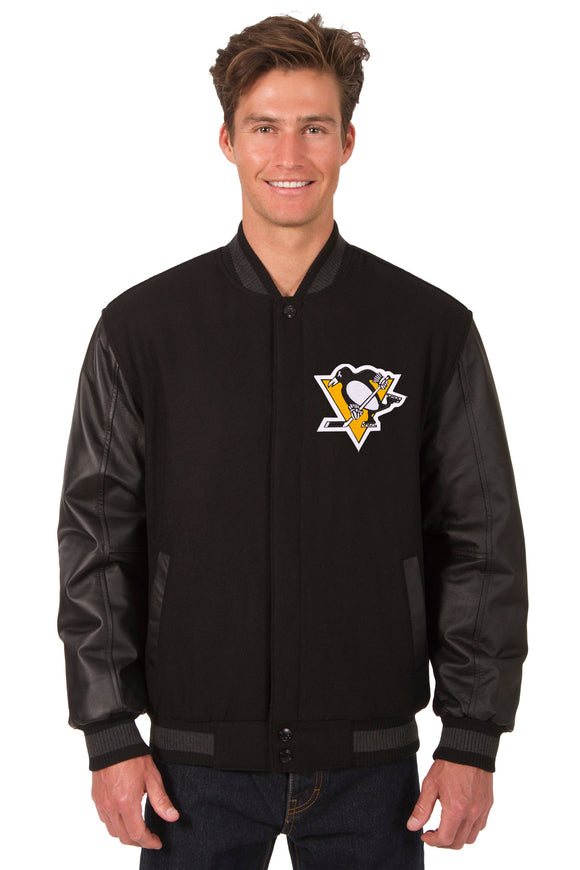 Pittsburgh Penguins Wool & Leather Reversible Jacket w/ Embroidered Logos - Black - J.H. Sports Jackets