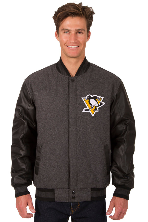 Pittsburgh Penguins Wool & Leather Reversible Jacket w/ Embroidered Logos - Charcoal/Black - J.H. Sports Jackets