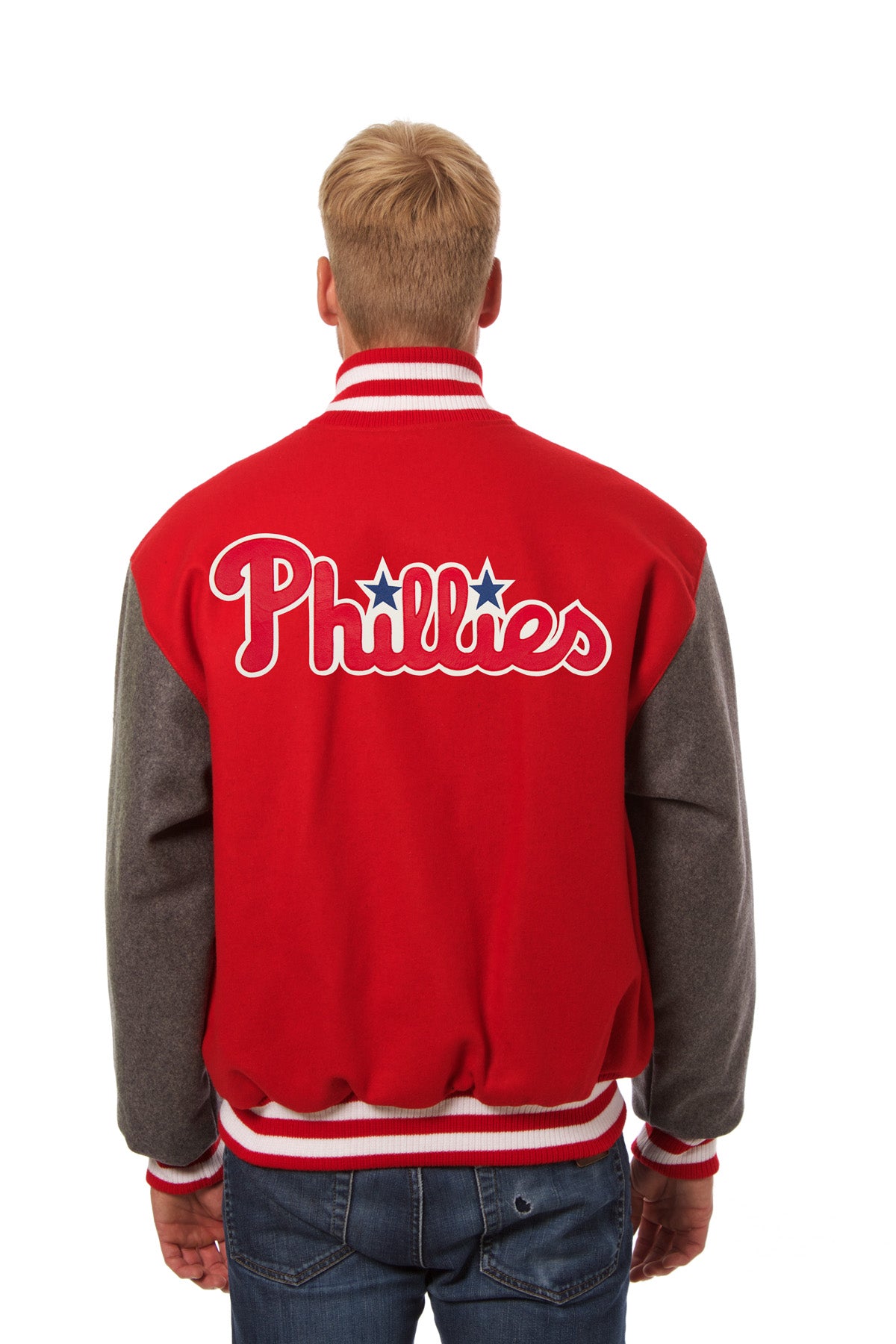 Philadelphia Phillies Two-Tone Wool Jacket w/ Handcrafted Leather Logos - Red/Gray 3X-Large