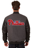Philadelphia Phillies Wool & Leather Reversible Jacket w/ Embroidered Logos - Charcoal/Black - J.H. Sports Jackets