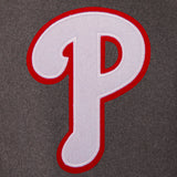 Philadelphia Phillies Wool & Leather Reversible Jacket w/ Embroidered Logos - Charcoal/Black - J.H. Sports Jackets