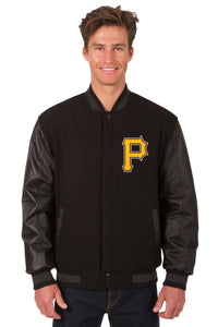 Pittsburgh Pirates Wool & Leather Reversible Jacket w/ Embroidered Logos - Black - J.H. Sports Jackets