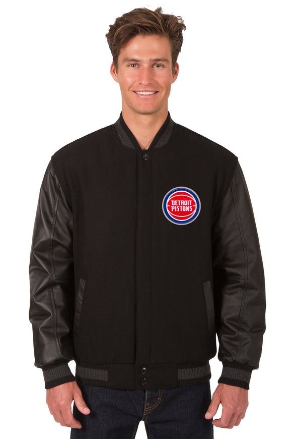 Detroit Pistons Wool & Leather Reversible Jacket w/ Embroidered Logos - Black - J.H. Sports Jackets