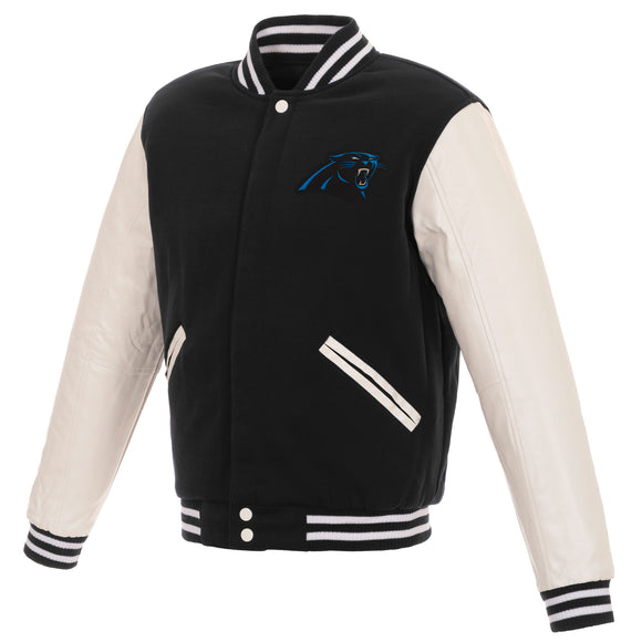 Carolina Panthers - JH Design Reversible Fleece Jacket with Faux Leather Sleeves - Black/White - J.H. Sports Jackets