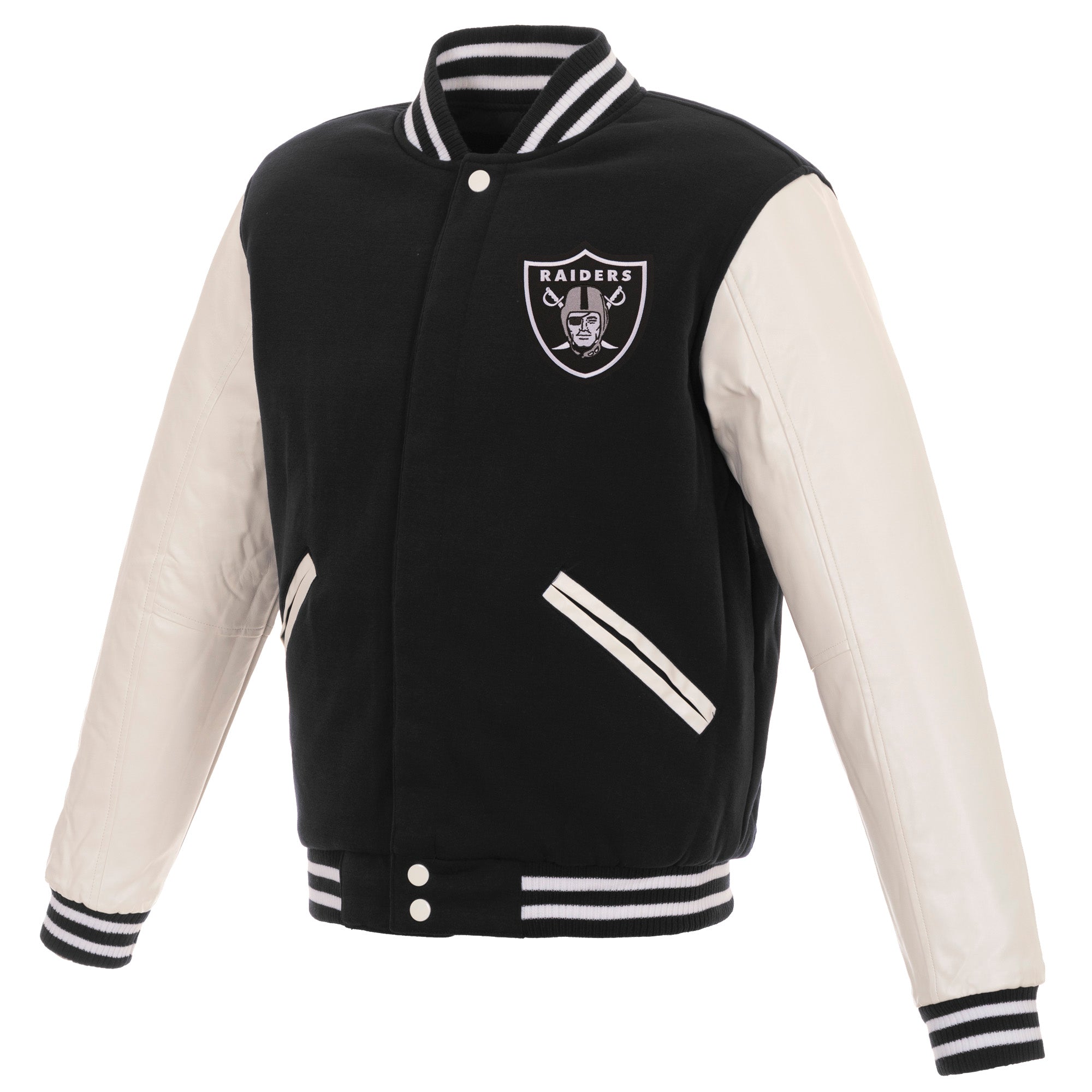 Las Vegas Raiders - JH Design Reversible Fleece Jacket with Faux Leather Sleeves - Black/White X-Large