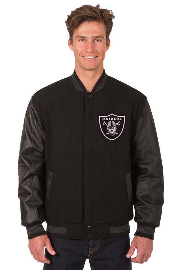 Las Vegas Raiders Wool & Leather Reversible Jacket w/ Embroidered Logos - Black - J.H. Sports Jackets