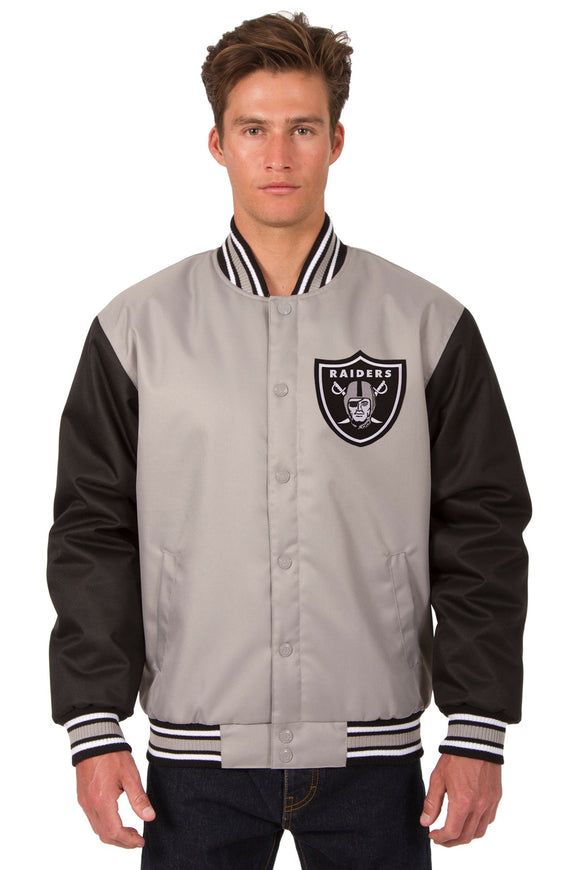Las Vegas Raiders Poly Twill Varsity Jacket - Grey/Black - J.H. Sports Jackets