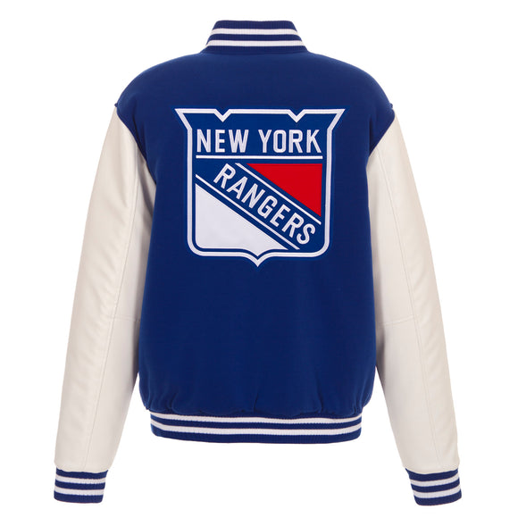 New York Rangers - JH Design Reversible Fleece Jacket with Faux Leather Sleeves - Royal/White - J.H. Sports Jackets