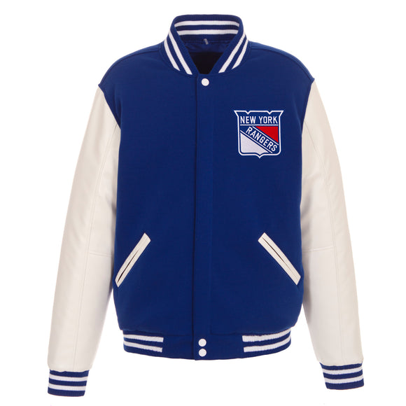 New York Rangers JH Design Reversible Fleece Jacket with Faux Leather Sleeves - Royal/White - JH Design