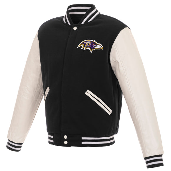 Baltimore Ravens - JH Design Reversible Fleece Jacket with Faux Leather Sleeves - Black/White - J.H. Sports Jackets