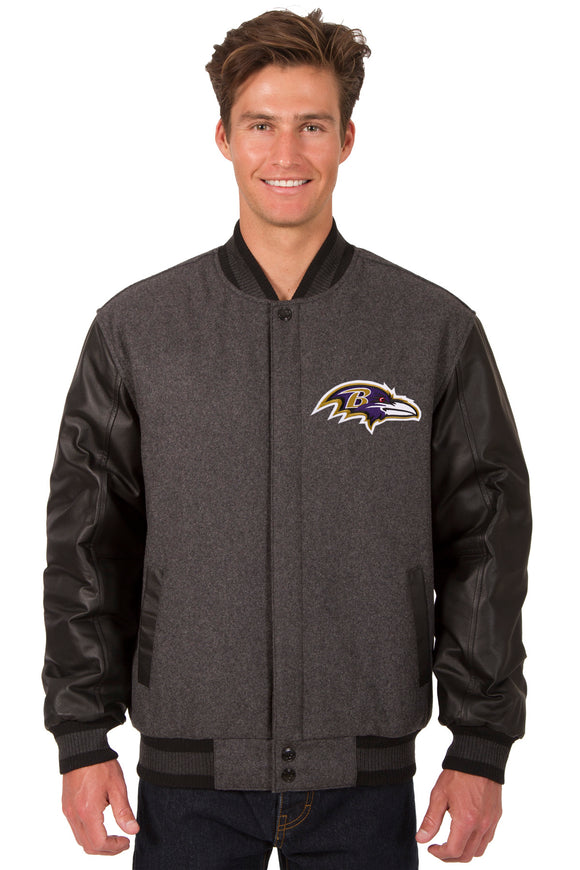 Baltimore Ravens Wool & Leather Reversible Jacket w/ Embroidered Logos - Charcoal/Black - J.H. Sports Jackets