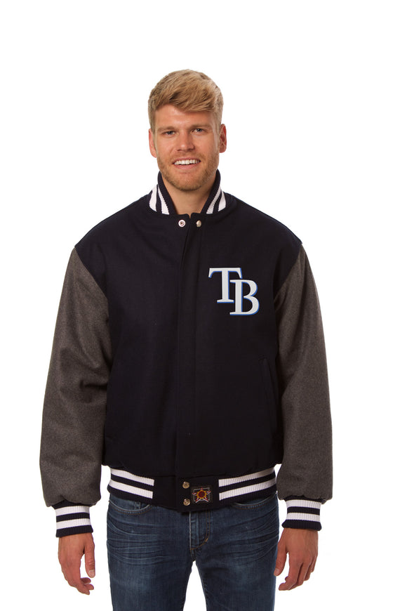 Tampa Bay Rays Two-Tone Wool Jacket w/ Handcrafted Leather Logos - Navy/Gray - JH Design