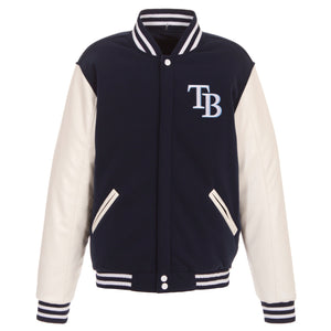 Tampa Bay Rays - JH Design Reversible Fleece Jacket with Faux Leather Sleeves - Navy/White - JH Design