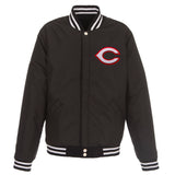 Cincinnati Reds - JH Design Reversible Fleece Jacket with Faux Leather Sleeves - Black/White - J.H. Sports Jackets