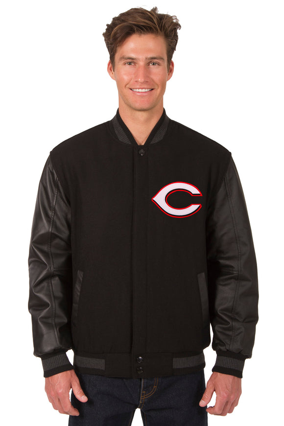 Cincinnati Reds Wool & Leather Reversible Jacket w/ Embroidered Logos - Black - J.H. Sports Jackets
