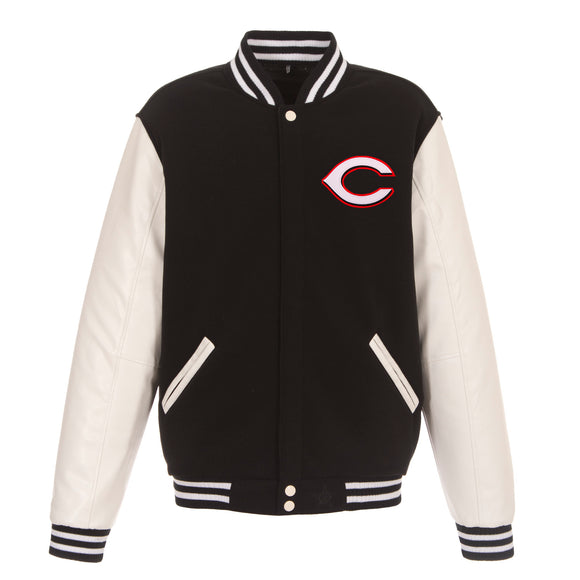 Cincinnati Reds - JH Design Reversible Fleece Jacket with Faux Leather Sleeves - Black/White - JH Design