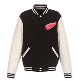 Detroit Red Wings - JH Design Reversible Fleece Jacket with Faux Leather Sleeves - Black/White - J.H. Sports Jackets