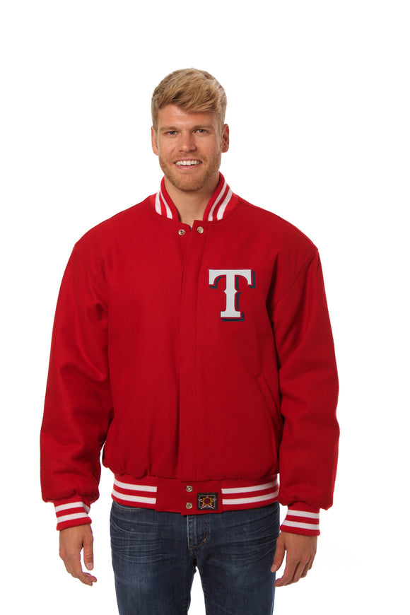 Texans Rangers Wool Jacket w/ Handcrafted Leather Logos - Red - JH Design