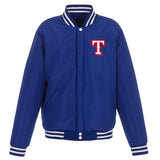 Texas Rangers - JH Design Reversible Fleece Jacket with Faux Leather Sleeves - Royal/White - JH Design