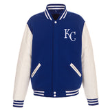 Kansas City Royals - JH Design Reversible Fleece Jacket with Faux Leather Sleeves - Royal/White - J.H. Sports Jackets
