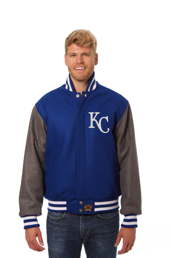 Kansas City Royals Two-Tone Wool Jacket w/ Handcrafted Leather Logos - Royal/Gray - JH Design