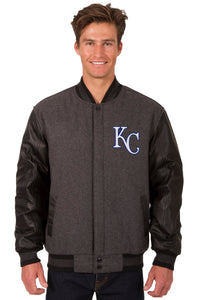 Kansas City Royals Wool & Leather Reversible Jacket w/ Embroidered Logos - Charcoal/Black - J.H. Sports Jackets