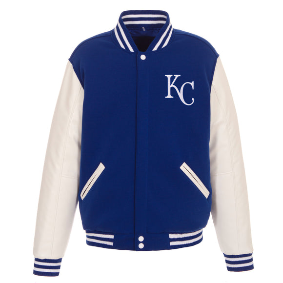 Kansas City Royals - JH Design Reversible Fleece Jacket with Faux Leather Sleeves - Royal/White - JH Design