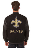 New Orleans Saints Wool & Leather Reversible Jacket w/ Embroidered Logos - Black - J.H. Sports Jackets