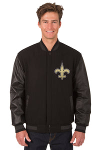 New Orleans Saints Wool & Leather Reversible Jacket w/ Embroidered Logos - Black - J.H. Sports Jackets