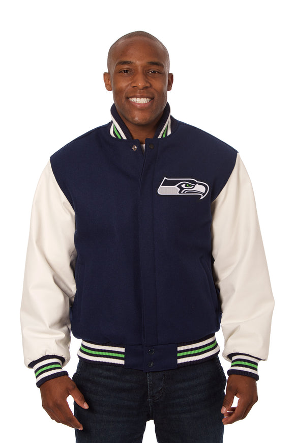 Seattle Seahawks Two-Tone Wool and Leather Jacket - Navy/White - J.H. Sports Jackets