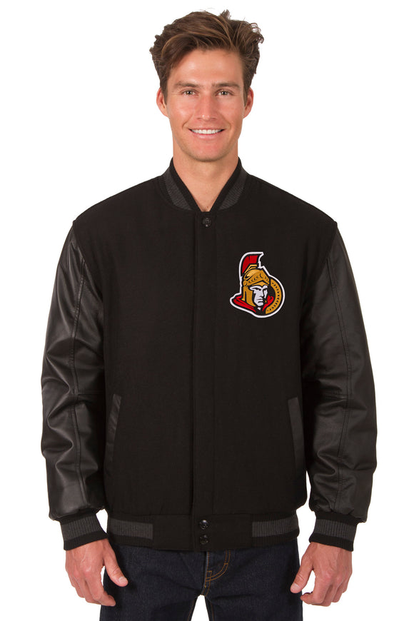 Ottawa Senators Wool & Leather Reversible Jacket w/ Embroidered Logos - Black - J.H. Sports Jackets