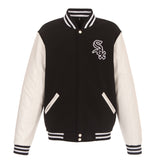 Chicago White - JH Design Reversible Fleece Jacket with Faux Leather Sleeves - Black/White - J.H. Sports Jackets