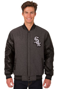 Chicago White Sox Wool & Leather Reversible Jacket w/ Embroidered Logos - Charcoal/Black - J.H. Sports Jackets