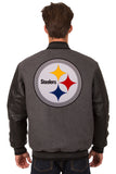 Pittsburgh Steelers Wool & Leather Reversible Jacket w/ Embroidered Logos - Charcoal/Black - J.H. Sports Jackets