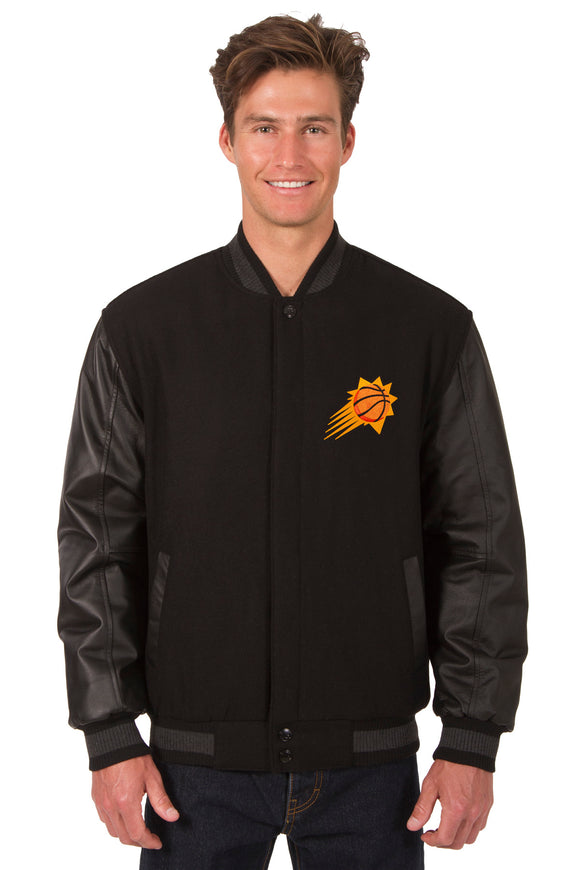 Phoenix Suns Wool & Leather Reversible Jacket w/ Embroidered Logos - Black - J.H. Sports Jackets