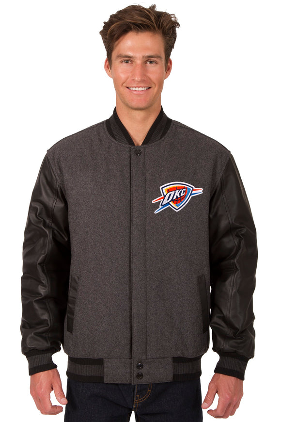 Oklahoma City Thunder Wool & Leather Reversible Jacket w/ Embroidered Logos - Charcoal/Black - J.H. Sports Jackets