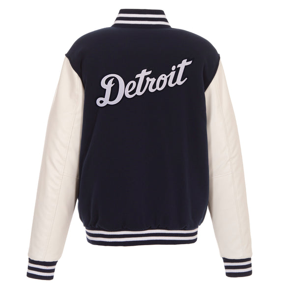 Detroit Tigers - JH Design Reversible Fleece Jacket with Faux Leather Sleeves - Navy/White - J.H. Sports Jackets