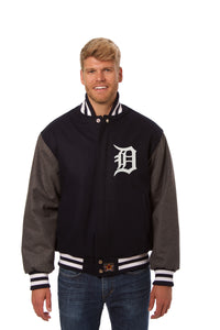 Detroit Tigers Two-Tone Wool Jacket w/ Handcrafted Leather Logos - Navy/Gray - JH Design