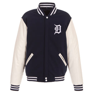 Detroit Tigers - JH Design Reversible Fleece Jacket with Faux Leather Sleeves - Navy/White - JH Design