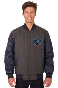 Minnesota Timberwolves Wool & Leather Reversible Jacket w/ Embroidered Logos - Charcoal/Navy - J.H. Sports Jackets