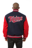 Minnesota Twins Two-Tone Wool Jacket w/ Handcrafted Leather Logos - Navy/Red - JH Design