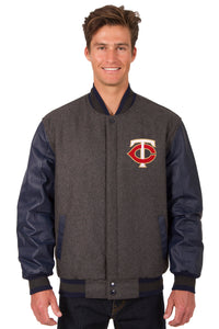 Minnesota Twins Wool & Leather Reversible Jacket w/ Embroidered Logos - Charcoal/Navy - J.H. Sports Jackets