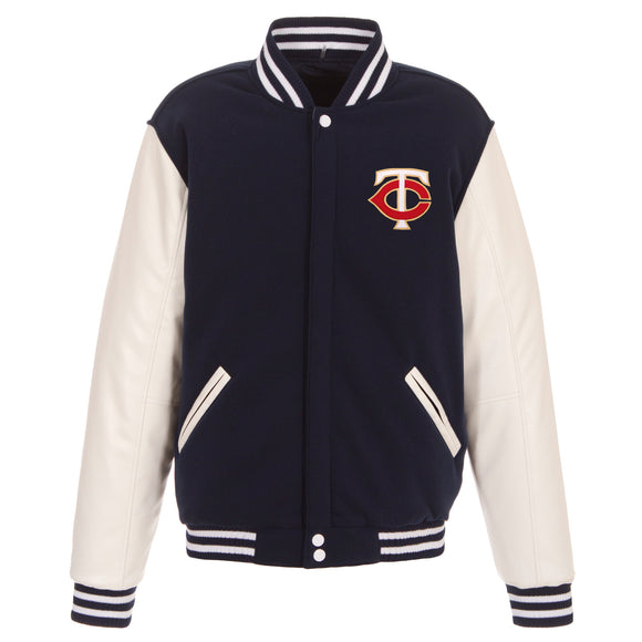 Minnesota Twins - JH Design Reversible Fleece Jacket with Faux Leather Sleeves - Navy/White - JH Design