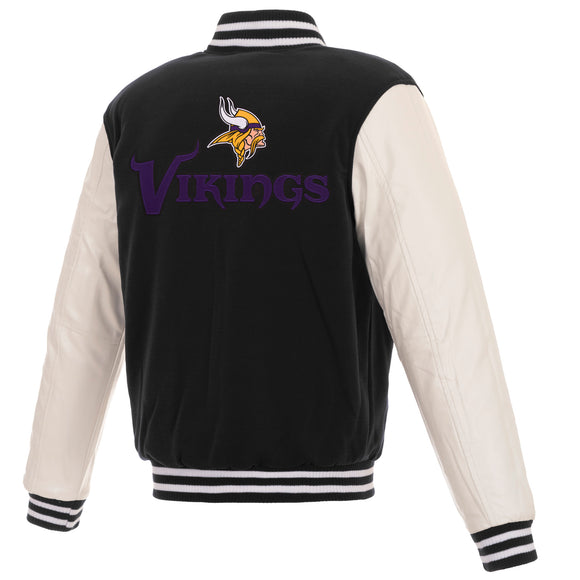 Minnesota Vikings - JH Design Reversible Fleece Jacket with Faux Leather Sleeves - Black/White - J.H. Sports Jackets