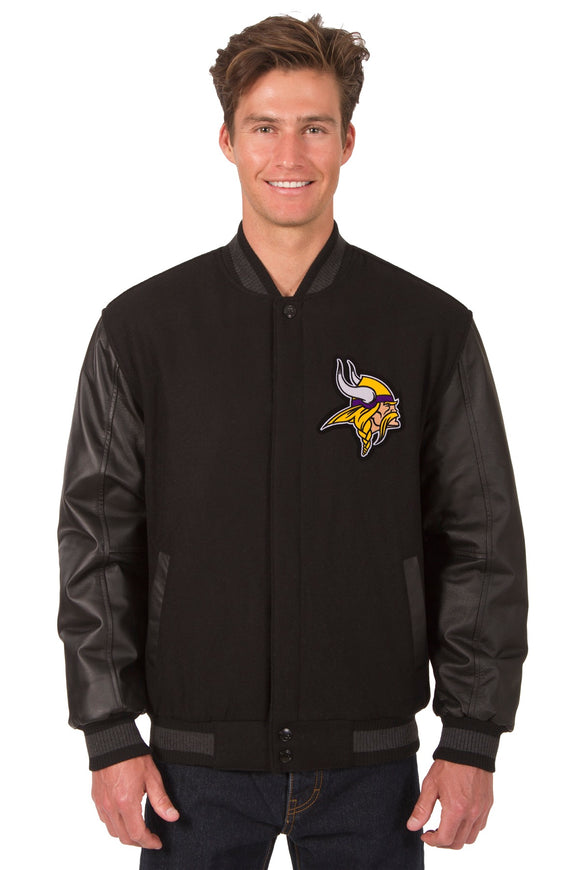Minnesota Vikings Wool & Leather Reversible Jacket w/ Embroidered Logos - Black - J.H. Sports Jackets