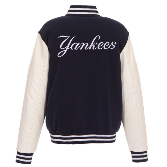 New York Yankees - JH Design Reversible Fleece Jacket with Faux Leather Sleeves - Navy/White - J.H. Sports Jackets
