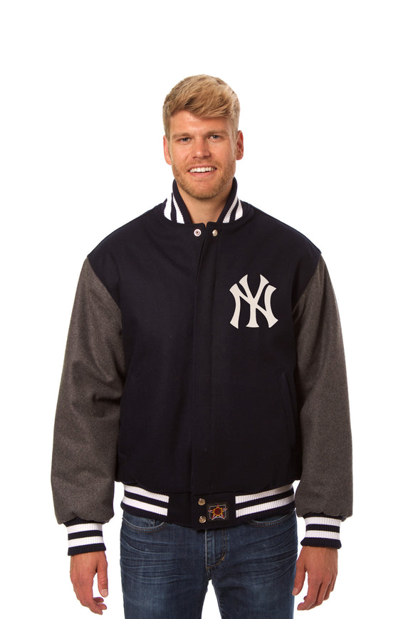 New York Yankees Two-Tone Wool Jacket w/ Handcrafted Leather Logos - Navy/Gray - JH Design